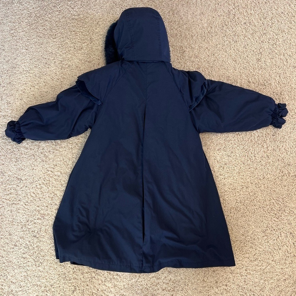 VINTAGE Big Chill Hooded Capelet Parka 10 Navy Blue Velvet Trim Heart Faux Fur - Picture 6 of 8